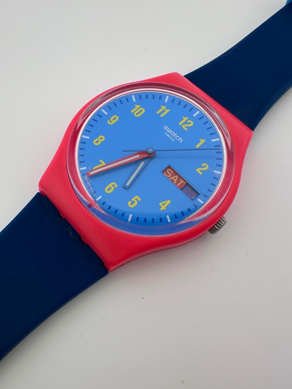 Vintage 1990s Swatch Watch 34mm Day Date Pink Blue Swiss Quartz
